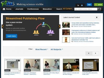 SCIVEE.TV
Es un sitio web para compartir videos , donde los investigadores pueden subir, ver y compartir ciencias videoclips y conectarlos a la literatura científica , carteles y diapositivas.